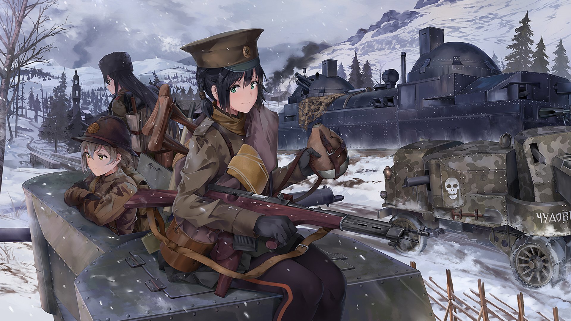 Anime crossover HD desktop wallpaper featuring armed characters with rifles and guns set against a snowy battlefield with tanks and mountains in the background.