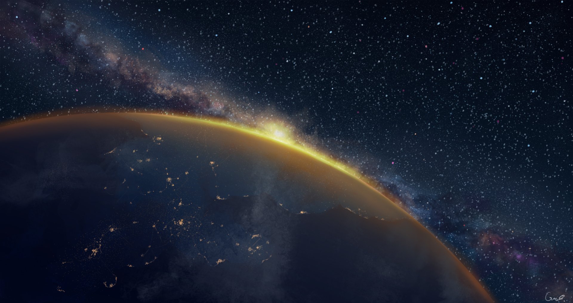 A stunning HD Sci-Fi desktop wallpaper featuring a distant planet with a glowing atmosphere against a backdrop of countless stars and the Milky Way.