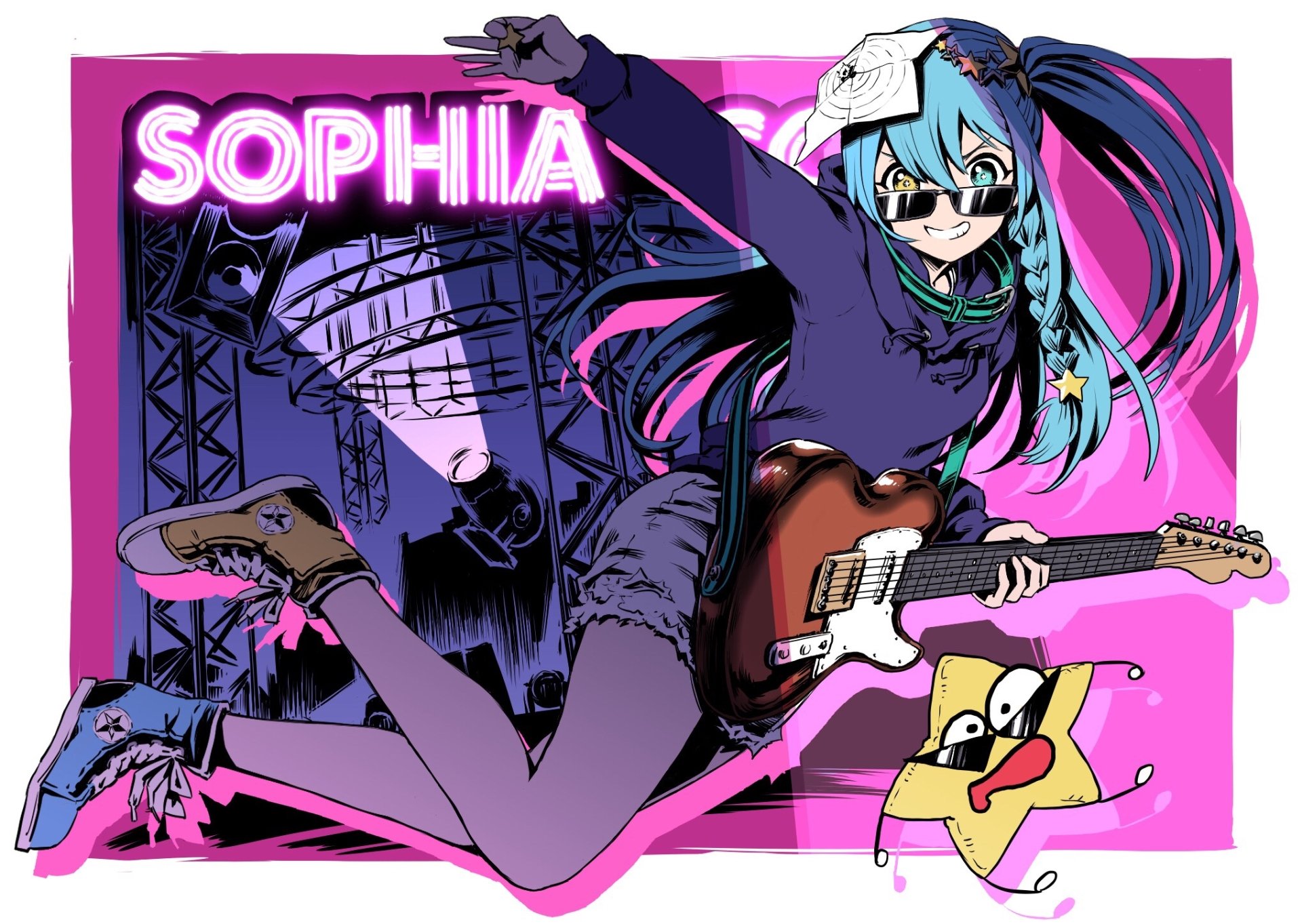 Anime-style Virtual Youtuber with long blue hair in a braid, heterochromatic blue and yellow eyes, sunglasses, shorts, pantyhose, and a guitar, smiling against a vibrant pink background.