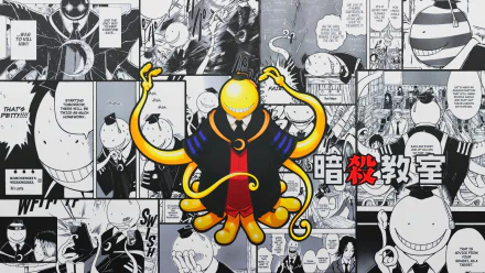 HD PC wallpaper featuring Koro-sensei from the anime Assassination Classroom, set against a black-and-white manga panel collage background.