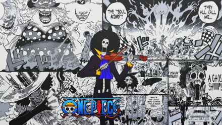 HD PC desktop wallpaper of Brook (One Piece) — a colored skeleton musician playing violin over black-and-white One Piece manga panels, featuring the One Piece logo; anime artwork background.