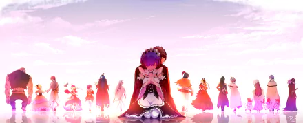4K Ultra HD anime wallpaper featuring characters from Re:Zero - Starting Life in Another World, showcasing a dramatic sunset scene with central and background figures.