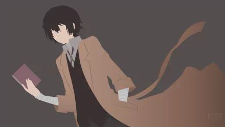 Minimalist vector art of Osamu Dazai from Bungou Stray Dogs in a flowing coat, holding a book, designed as a 4K Ultra HD anime PC wallpaper background.