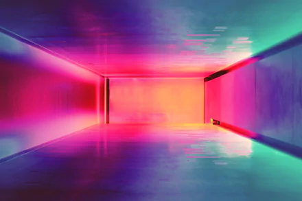 Colorful minimalist corridor bathed in bright neon light with reflective surfaces and a vanishing-point perspective — vibrant 4K Ultra HD PC desktop wallpaper background.