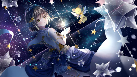 HD PC wallpaper featuring Sakura Kinomoto and Keroberos from the anime Cardcaptor Sakura, set against a dreamy, star-filled cosmic background.