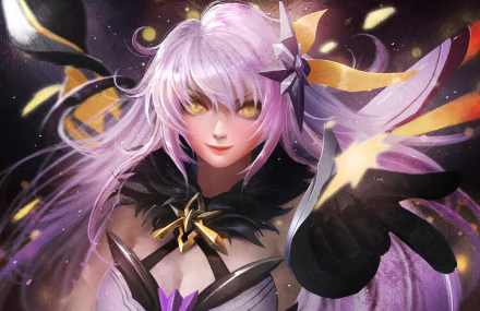 HD PC desktop wallpaper/background of Kiana Kaslana from Benghuai Xueyuan — anime-style portrait with flowing lavender hair, golden eyes, and starry magical effects.