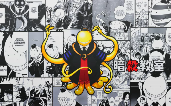 HD PC wallpaper featuring Koro-sensei from the anime Assassination Classroom, set against a black-and-white manga panel collage background.