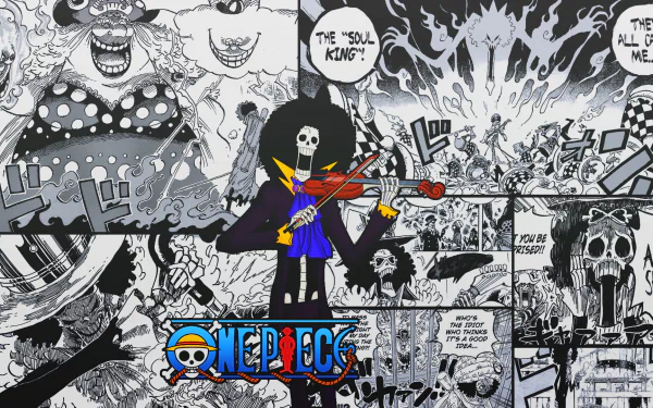 HD PC desktop wallpaper of Brook (One Piece) — a colored skeleton musician playing violin over black-and-white One Piece manga panels, featuring the One Piece logo; anime artwork background.
