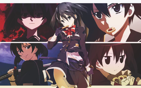 HD desktop wallpaper featuring Kurome from Akame Ga Kill! in various poses and expressions, with a collage-style background.