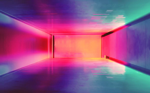 Colorful minimalist corridor bathed in bright neon light with reflective surfaces and a vanishing-point perspective — vibrant 4K Ultra HD PC desktop wallpaper background.