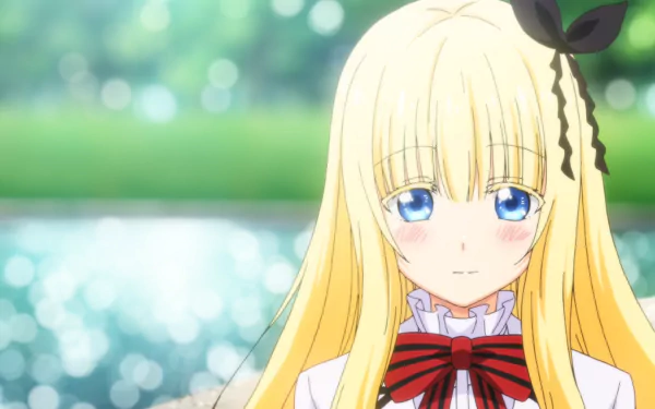HD anime wallpaper featuring Juliet Persia from Kishuku Gakkou No Juliet with blue eyes, blonde hair, and a soft blush, set against a blurred natural background.