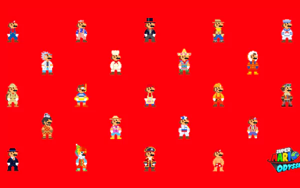4K Ultra HD PC desktop wallpaper: Super Mario Odyssey video game — numerous pixel-style Mario variants and outfits scattered on a bright red background.