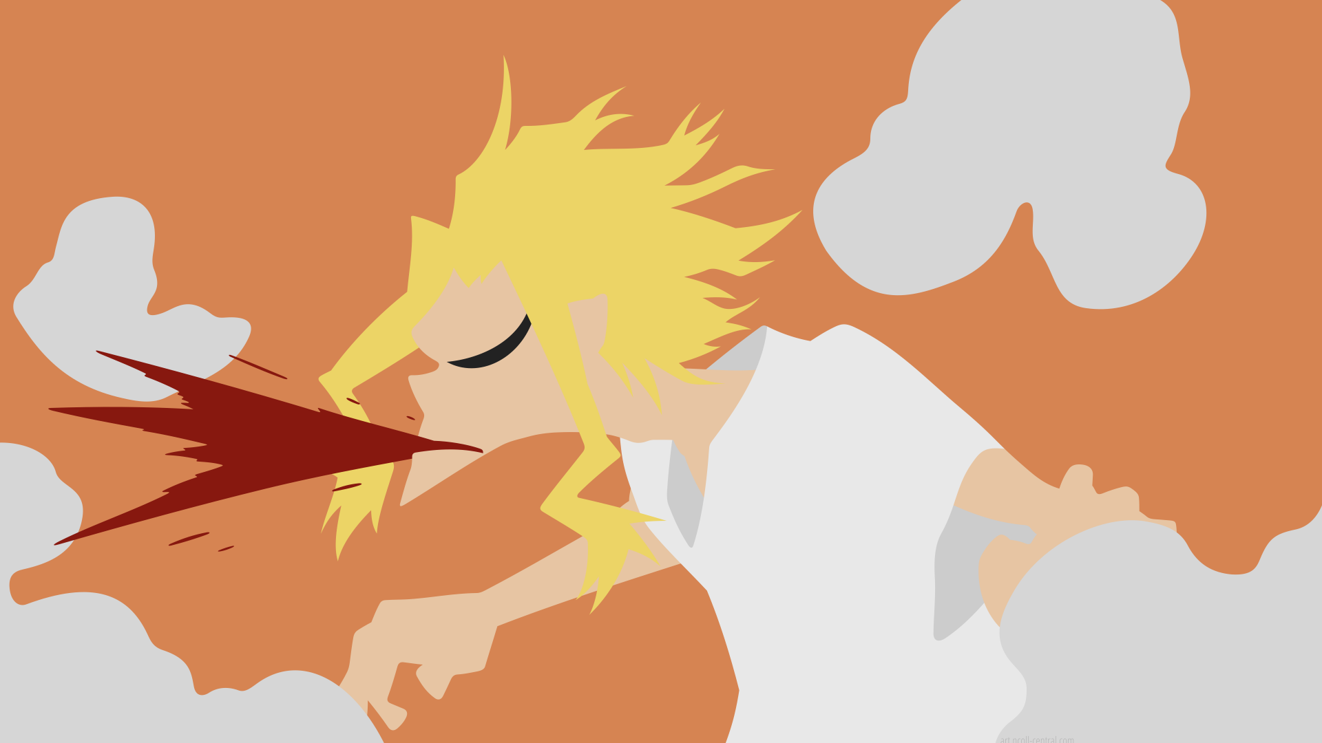 4K Ultra HD PC desktop wallpaper of All Might (My Hero Academia) — minimalist anime scene: he in a white shirt spits blood against an orange sky with stylized clouds.