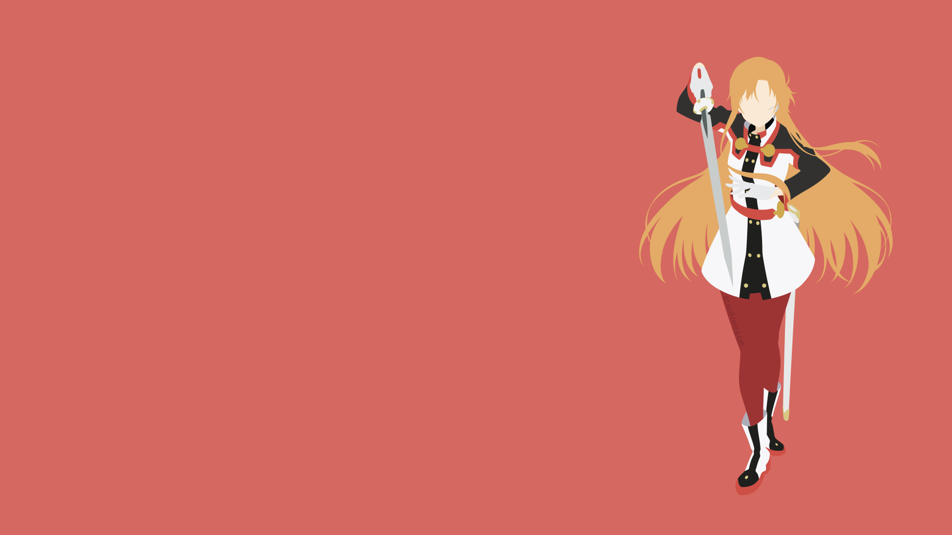 Asuna Yuuki, anime character from Sword Art Online Movie: Ordinal Scale, stands at right on a minimalist coral background — 4K Ultra HD PC desktop wallpaper/background.