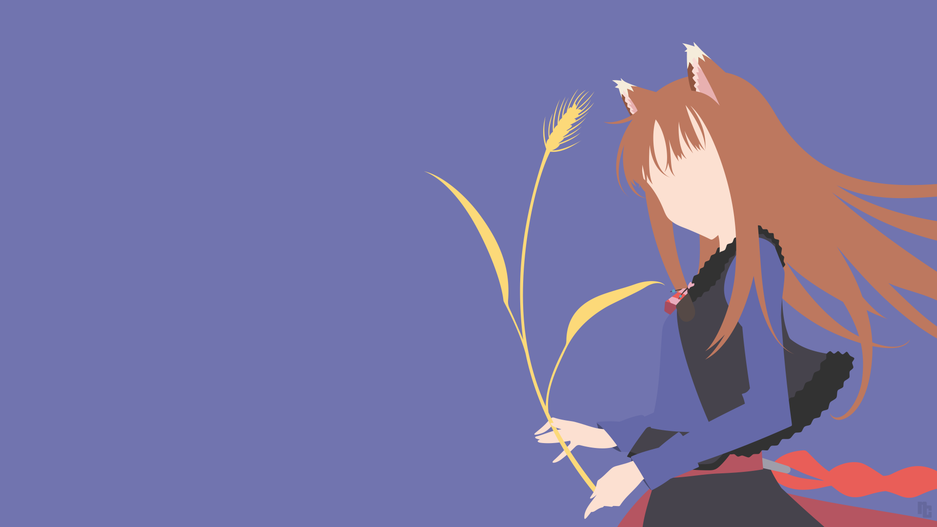 Minimalist 4K Ultra HD anime wallpaper featuring Holo from Spice & Wolf holding wheat against a solid purple background.