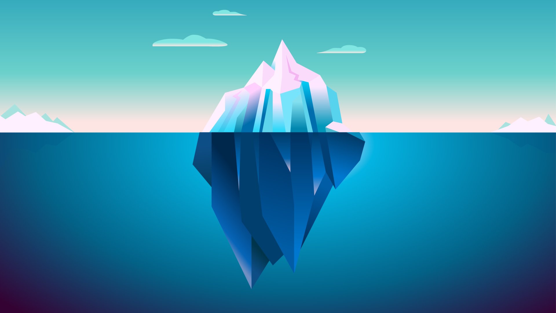 Artistic minimalist HD PC desktop wallpaper featuring a stylized iceberg floating in calm blue waters under a clear sky.