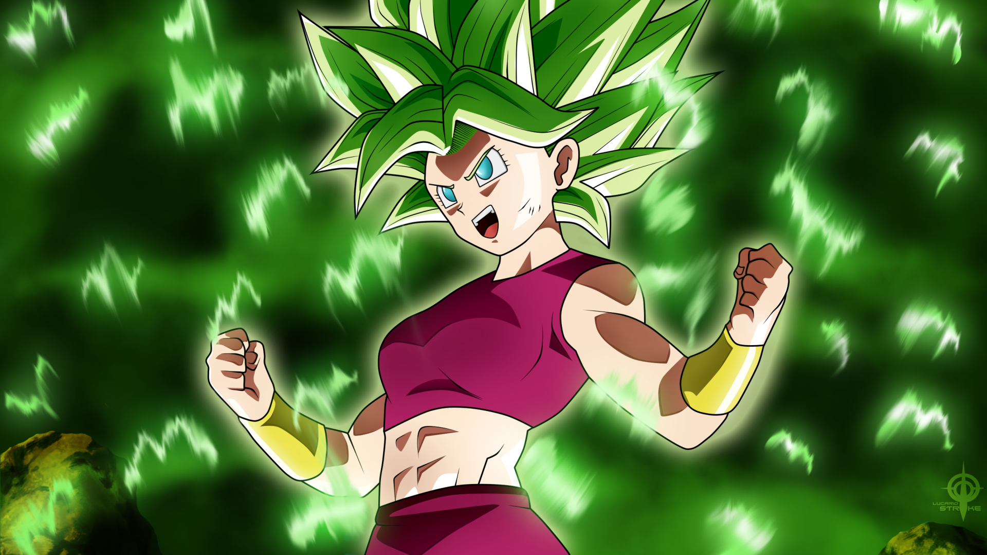 HD PC desktop wallpaper of Kefla from Dragon Ball Super, depicted in a dynamic anime style with glowing green energy surrounding her.