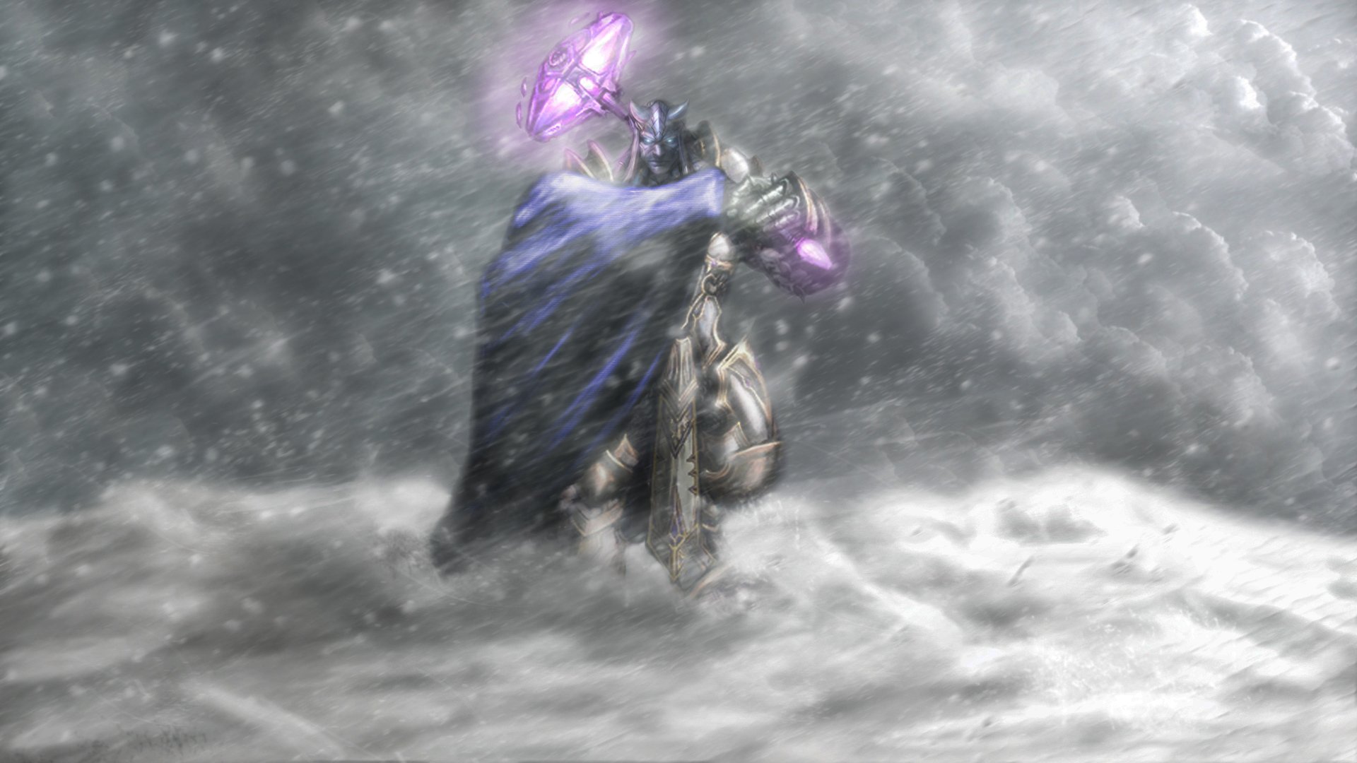 HD PC desktop wallpaper/background from World of Warcraft: armored, cloaked warrior in a blizzard wielding a glowing purple blade, cinematic video game scene.
