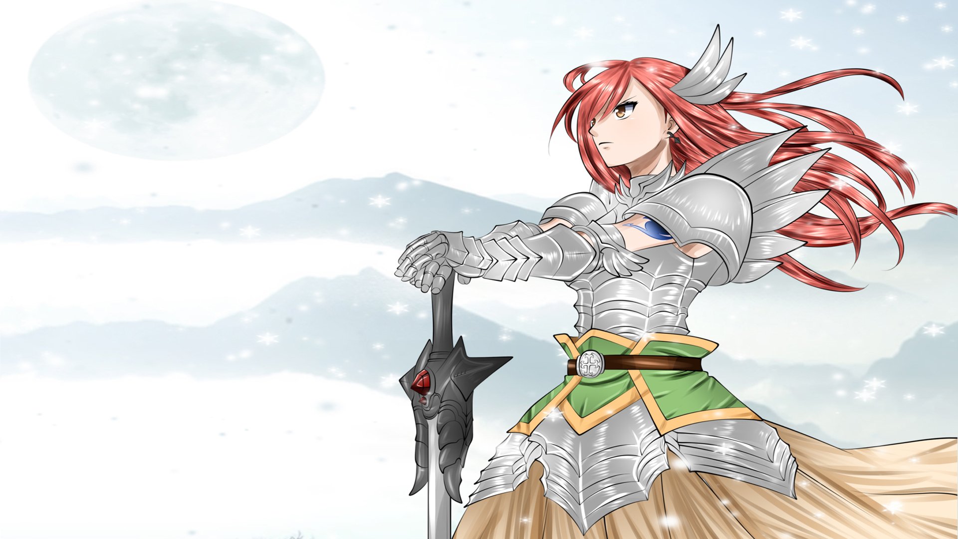 HD PC desktop wallpaper/background of Erza Scarlet (Anime, Fairy Tail): armored red-haired warrior grips a large sword before a snowy landscape and pale moon, her hair and skirt billowing in the wind.