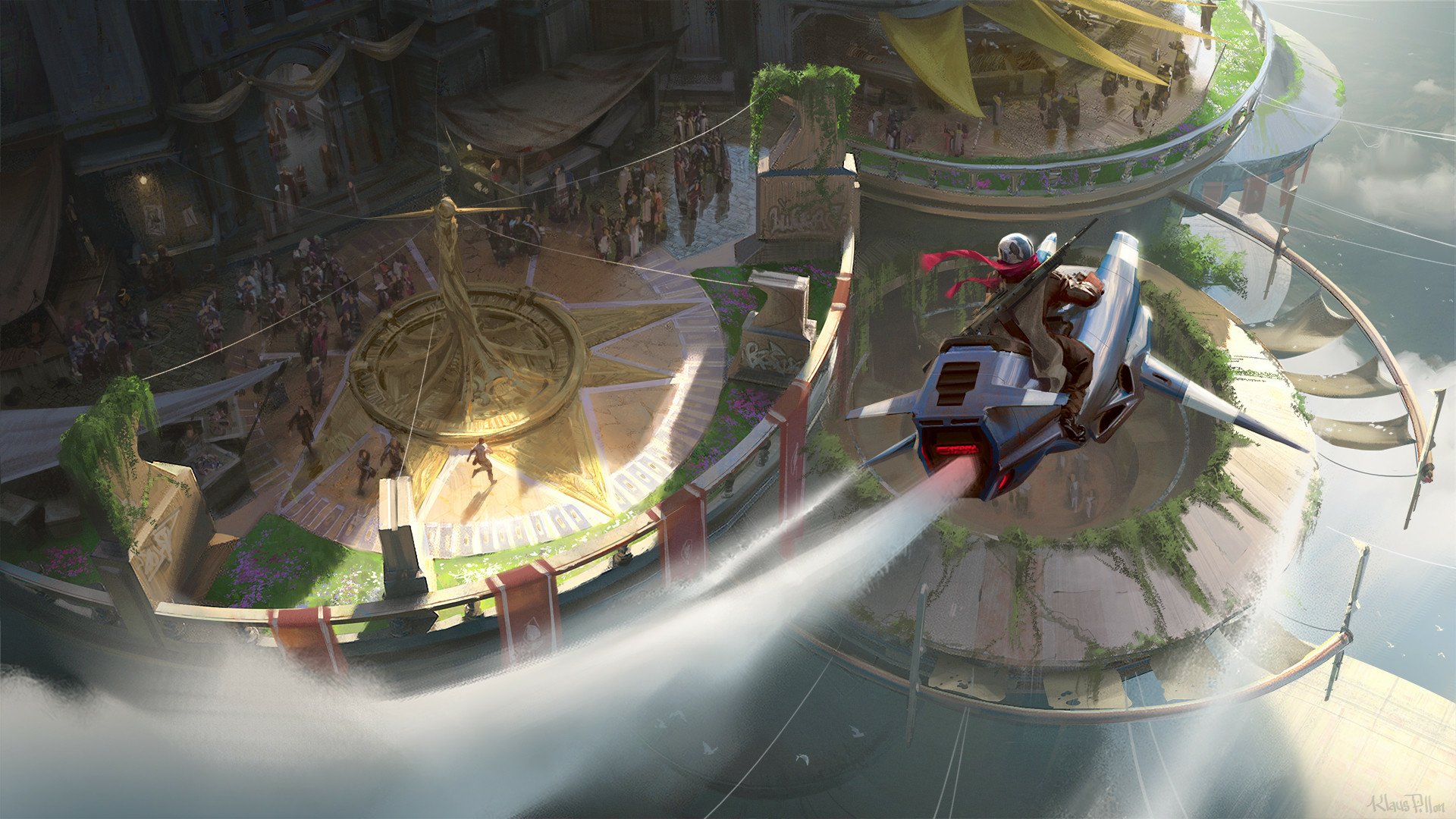 Sci-Fi city HD PC desktop wallpaper: circular elevated plazas and canals, bustling market below, and a rider on a hovering speeder streaking past futuristic towers.