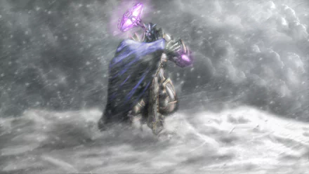 HD PC desktop wallpaper/background from World of Warcraft: armored, cloaked warrior in a blizzard wielding a glowing purple blade, cinematic video game scene.