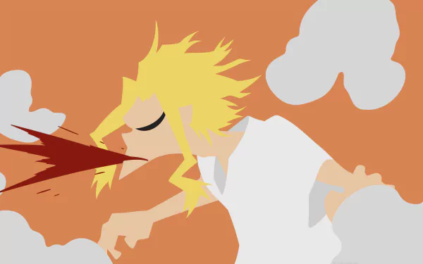 4K Ultra HD PC desktop wallpaper of All Might (My Hero Academia) — minimalist anime scene: he in a white shirt spits blood against an orange sky with stylized clouds.