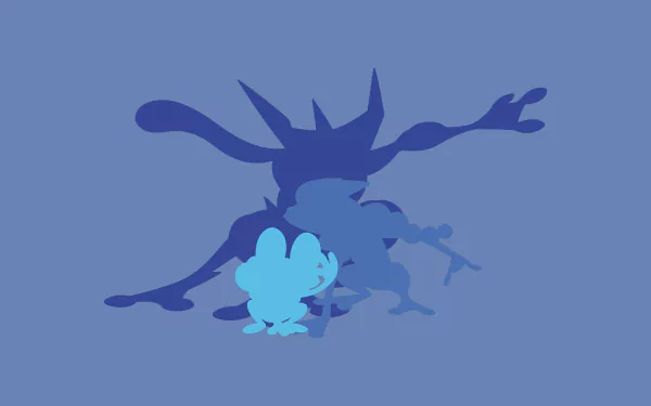 4K Ultra HD PC desktop wallpaper featuring stylized silhouettes of Froakie, Frogadier, and Greninja from the Pokémon anime series on a blue background.