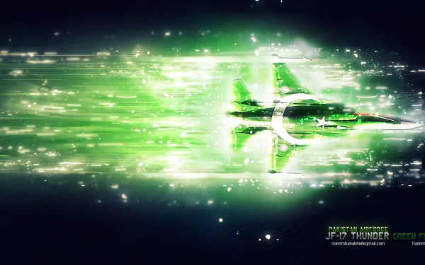 2K Quad HD PC desktop wallpaper: CAC/PAC JF-17 Thunder jet streaking through green digital light trails on a military-themed background.