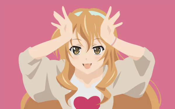 Kaga Kouko from Golden Time smiling with hands raised like antlers against a pink backdrop; HD anime PC desktop wallpaper/background.