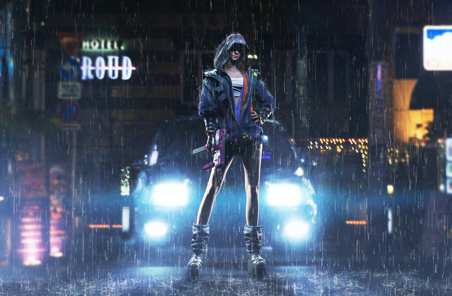 A cyberpunk sci-fi scene of a figure in a hoodie standing confidently in the rain on a neon-lit street, with bright car headlights in the background.