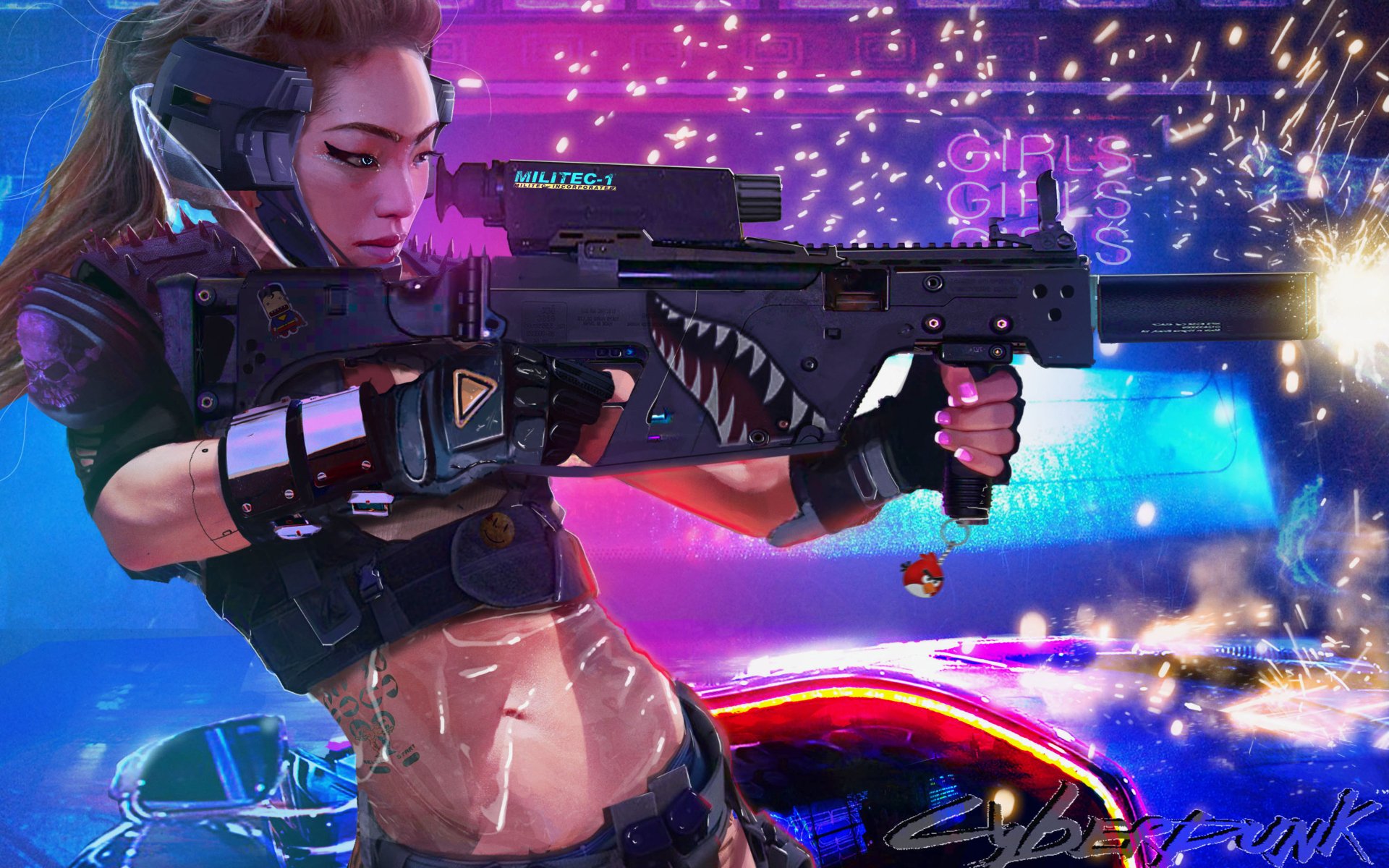 A cyberpunk-themed 4K Ultra HD sci-fi scene featuring a fierce female soldier aiming a futuristic rifle amid neon lights and digital sparks.