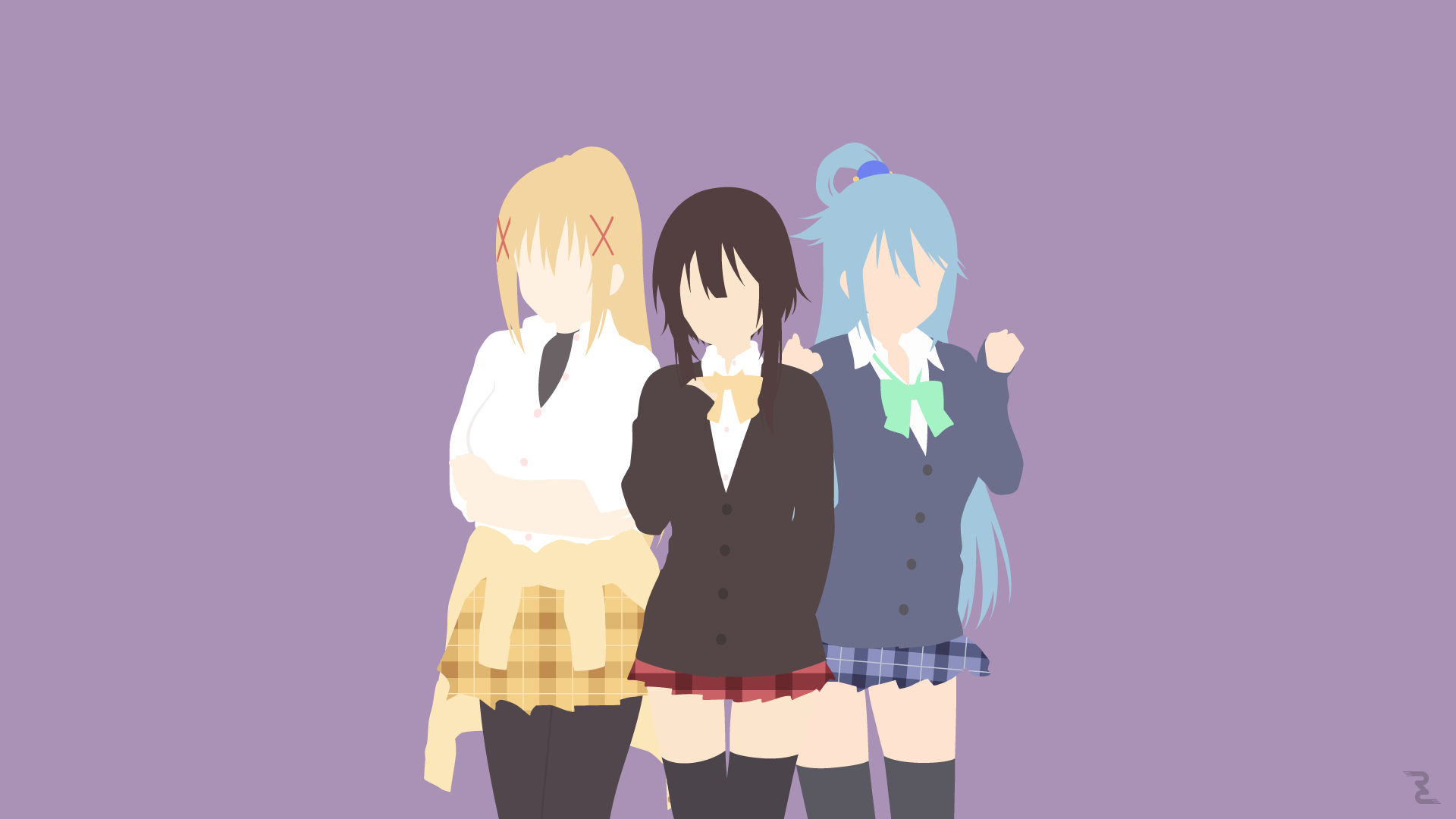 4K Ultra HD anime wallpaper featuring Aqua, Megumin, and Darkness from KonoSuba - God’s blessing on this wonderful world!! against a purple background.