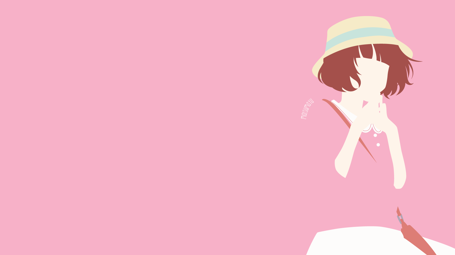 Minimal pink HD PC desktop wallpaper of Yuri Makita from Ao Haru Ride, stylized anime girl in a sunhat and pink dress against a soft pink background.