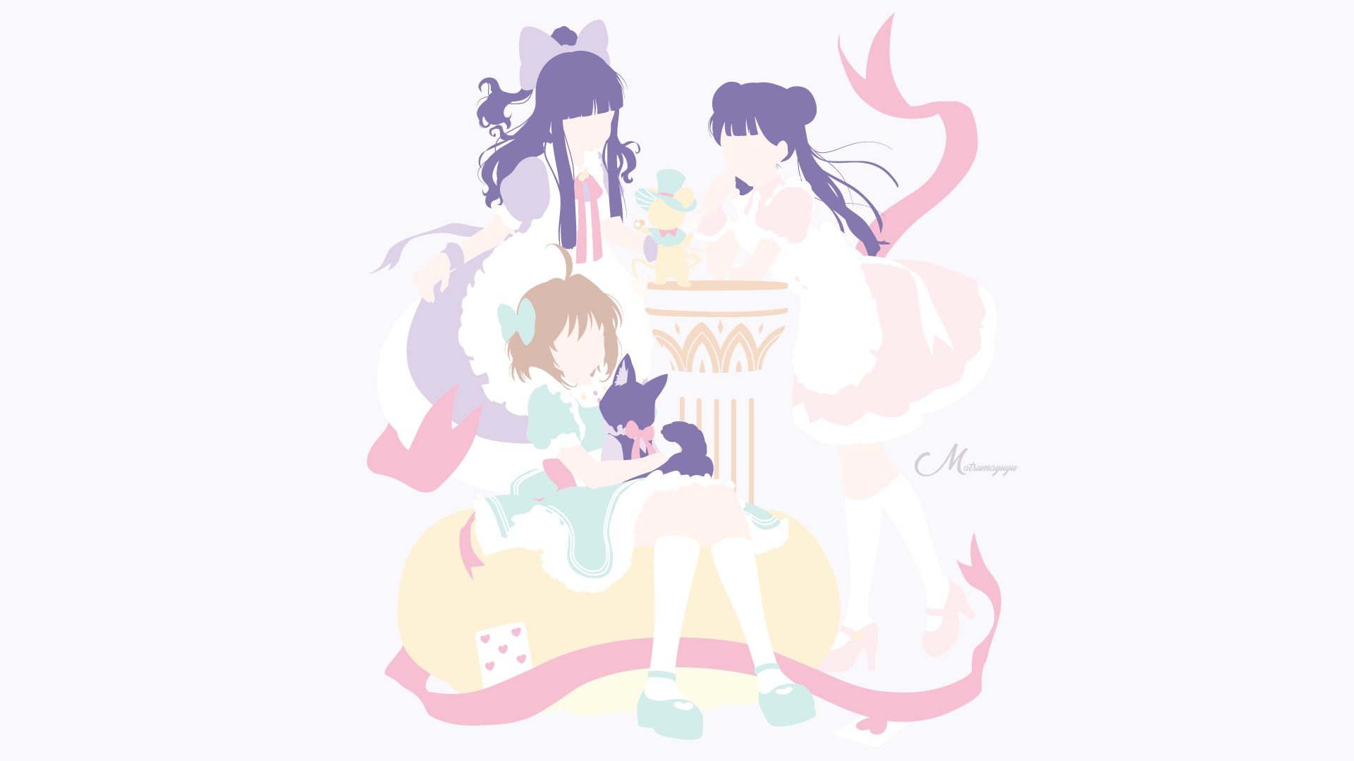 Pastel HD anime desktop wallpaper of Sakura Kinomoto with Meiling Li and Tomoyo Daidouji in a soft, whimsical Cardcaptor Sakura composition.