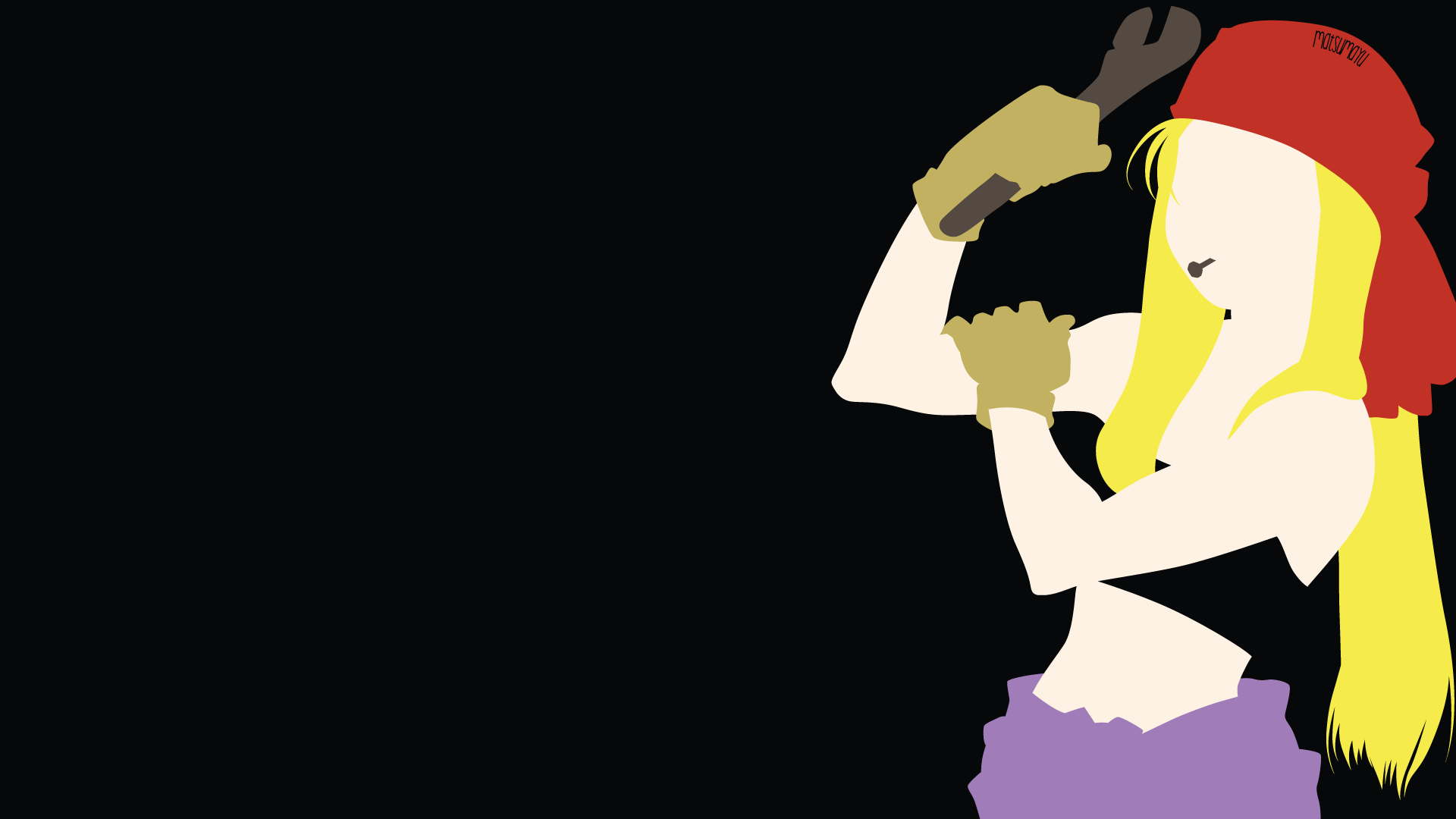 HD PC desktop wallpaper featuring a minimalist anime-style illustration of Winry Rockbell from Fullmetal Alchemist holding a wrench against a black background.