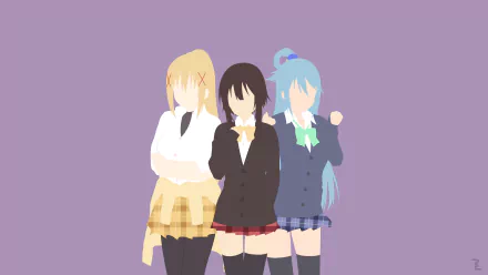 4K Ultra HD anime wallpaper featuring Aqua, Megumin, and Darkness from KonoSuba - God’s blessing on this wonderful world!! against a purple background.