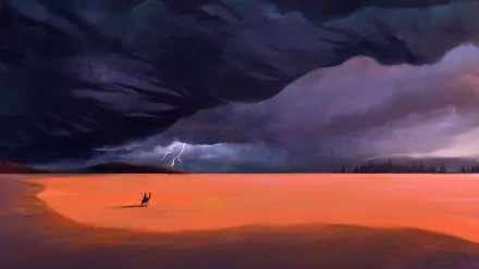 A traveler crosses a vast desert under a dark stormy sky with lightning, captured in a vivid fantasy landscape HD PC desktop wallpaper.