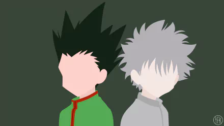 Minimalist HD desktop wallpaper featuring stylized silhouettes of Gon Freecss and Killua Zoldyck from the anime Hunter x Hunter.
