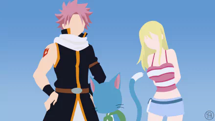 HD PC anime desktop wallpaper of Fairy Tail featuring Natsu Dragneel, Lucy Heartfilia and Happy against a clear blue sky.