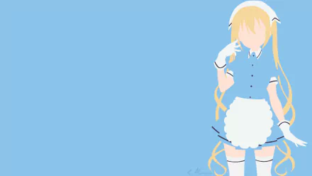 Flat-style HD PC desktop wallpaper of Kaho Hinata (Blend S) in a maid uniform with long blonde hair and frilled apron on a pale blue background, anime character positioned left.