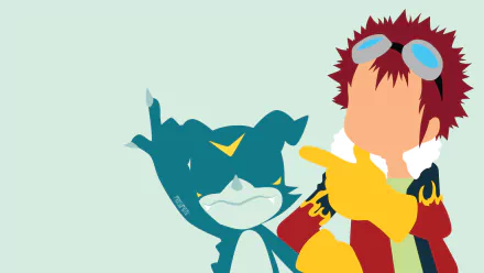 HD anime wallpaper featuring Davis Motomiya and Veemon from Digimon with a minimalist, stylized design and vibrant colors.