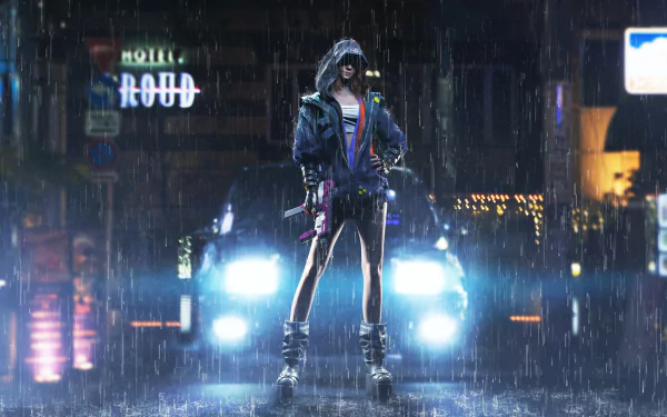 hoodie rain Sci Fi cyberpunk HD Desktop Wallpaper | Background Image