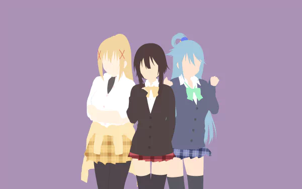 4K Ultra HD anime wallpaper featuring Aqua, Megumin, and Darkness from KonoSuba - God’s blessing on this wonderful world!! against a purple background.