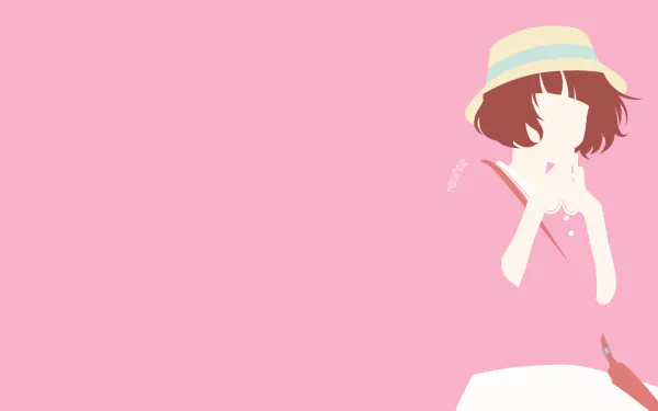 Minimal pink HD PC desktop wallpaper of Yuri Makita from Ao Haru Ride, stylized anime girl in a sunhat and pink dress against a soft pink background.