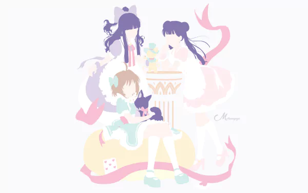 Pastel HD anime desktop wallpaper of Sakura Kinomoto with Meiling Li and Tomoyo Daidouji in a soft, whimsical Cardcaptor Sakura composition.