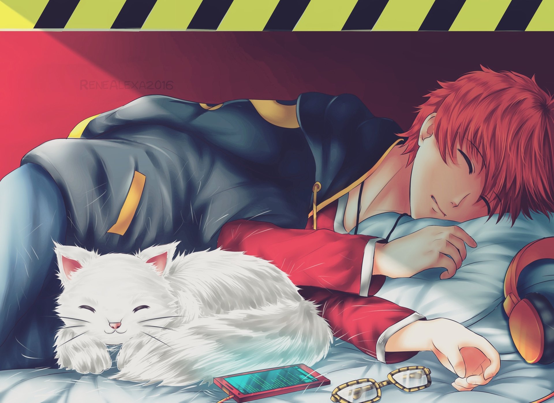 Anime-style HD PC desktop wallpaper featuring a red-haired character from Mystic Messenger sleeping beside a content white cat on a pillow.