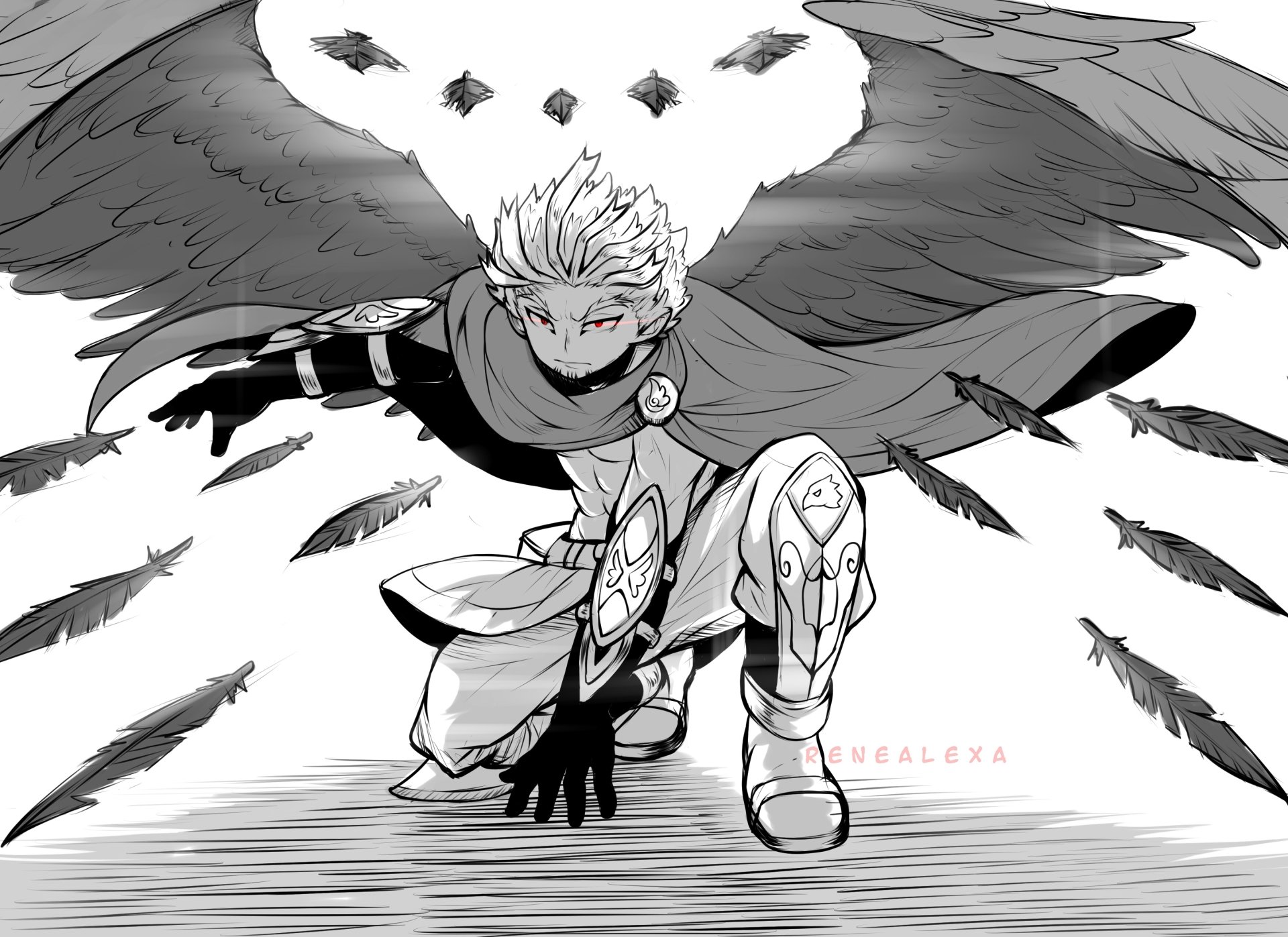 Grayscale 2K Quad HD desktop wallpaper of Keigo Takami (Hawks) from My Hero Academia, crouched with wings unfurled as dark feathers drift around him.