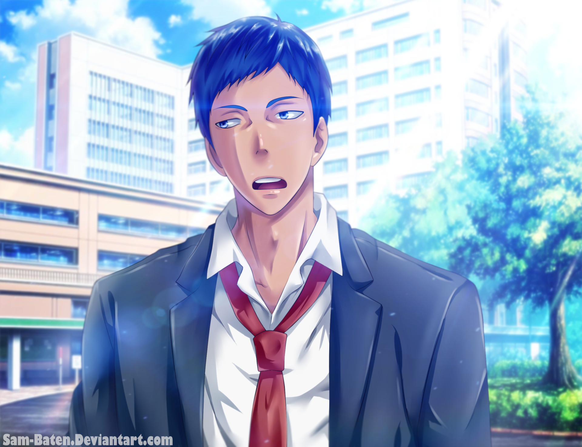 Daiki Aomine from Kuroko's Basketball in a loose school uniform and red tie, framed against a bright urban campus — HD anime PC desktop wallpaper.