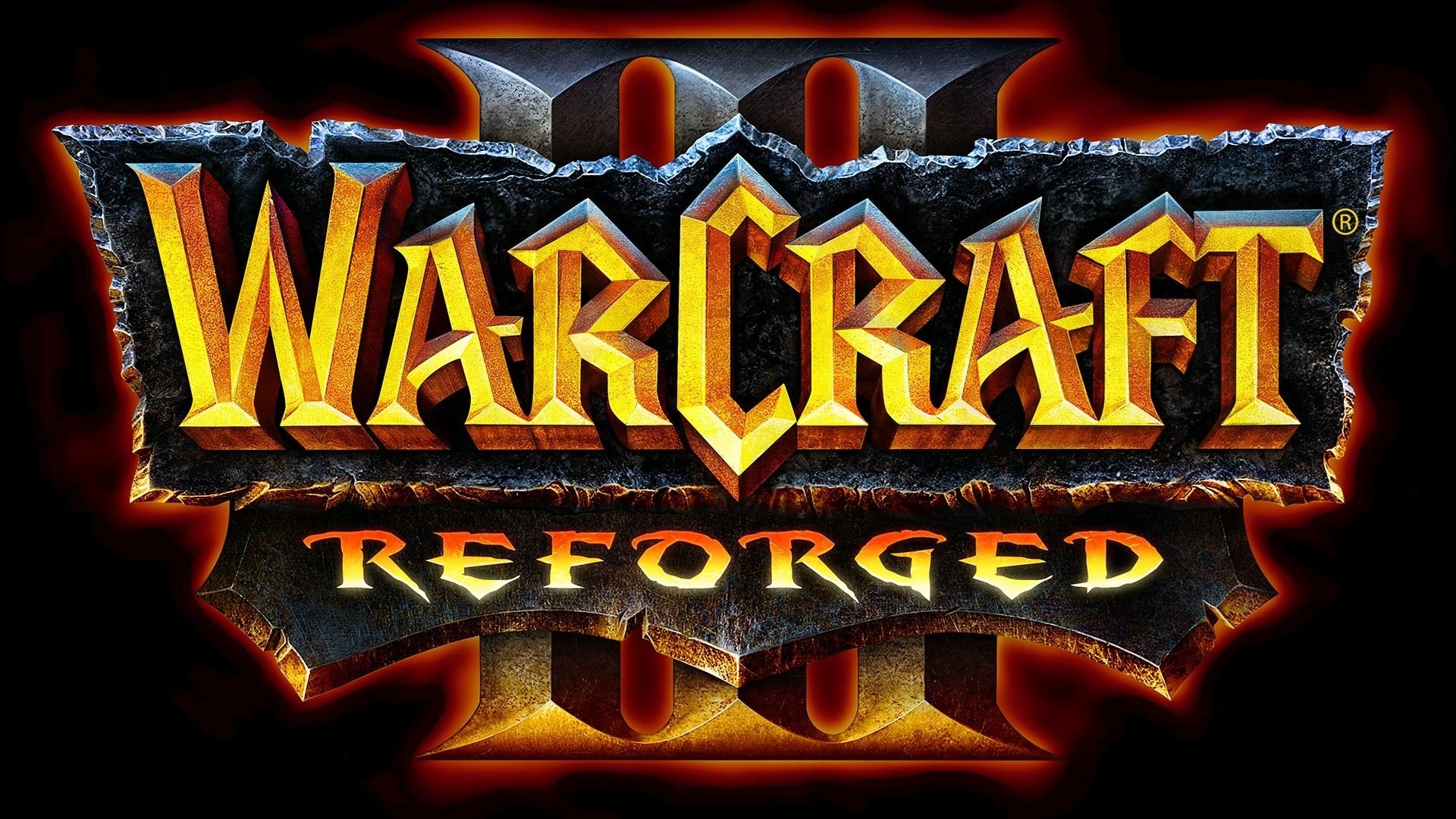 HD desktop wallpaper featuring the logo of Warcraft III: Reforged with fiery and metallic design elements.