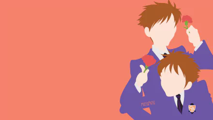 HD PC desktop wallpaper: minimalist anime illustration of Ouran High School Host Club twins Hikaru and Kaoru Hitachiin in blazers holding flowers on a coral background.